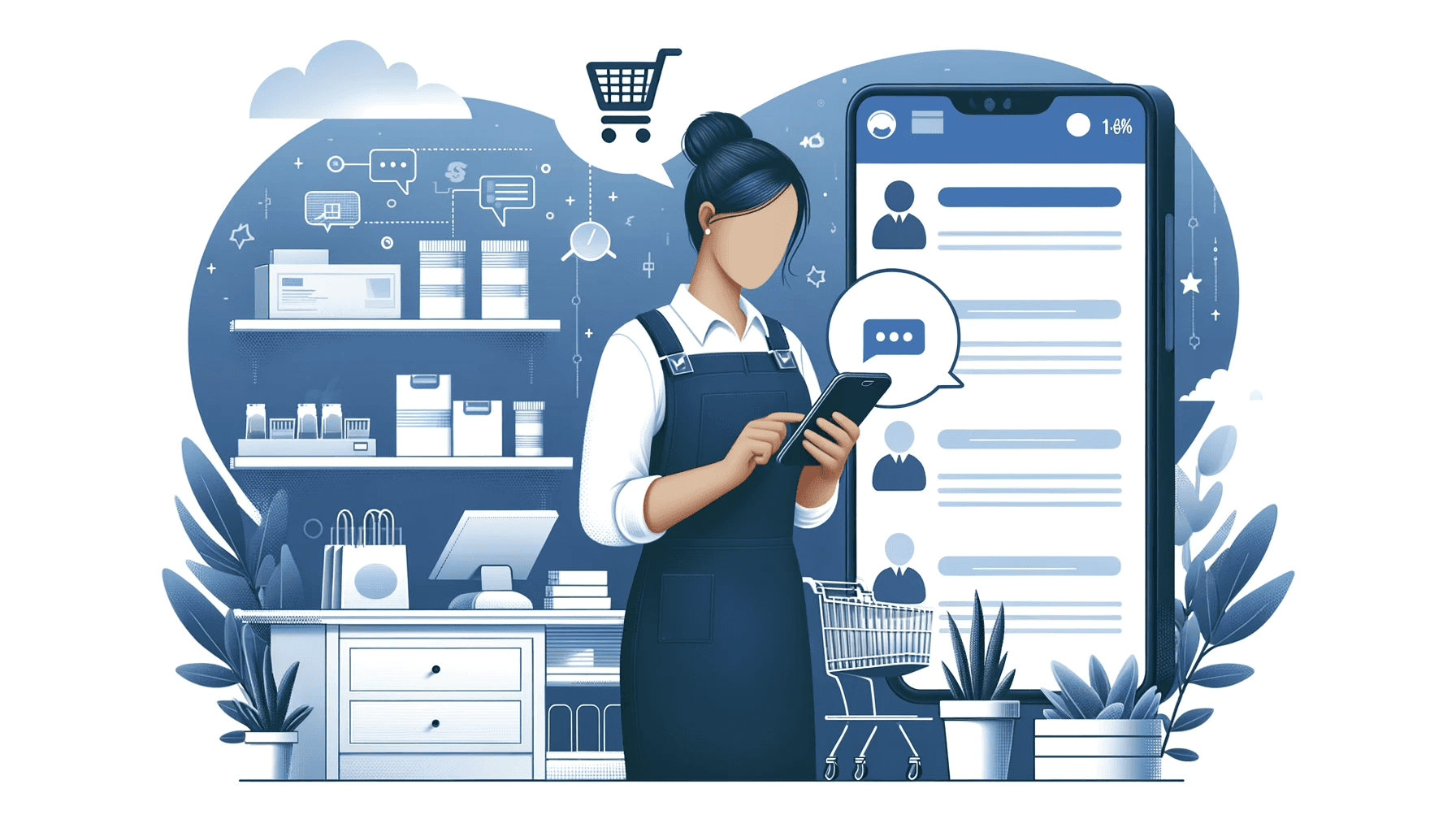 A retail store assistant using a smartphone to communicate with the back office. The assistant is depicted in a retail store setting, holding a phone with a visible chat interface