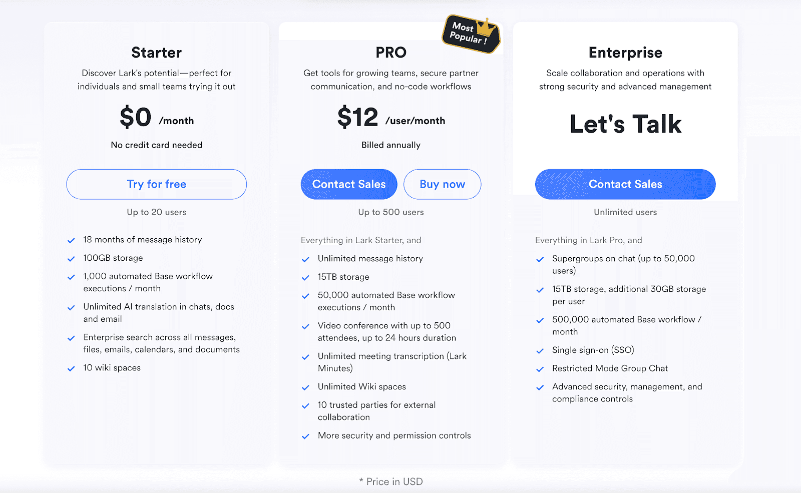 Lark's pricing plans