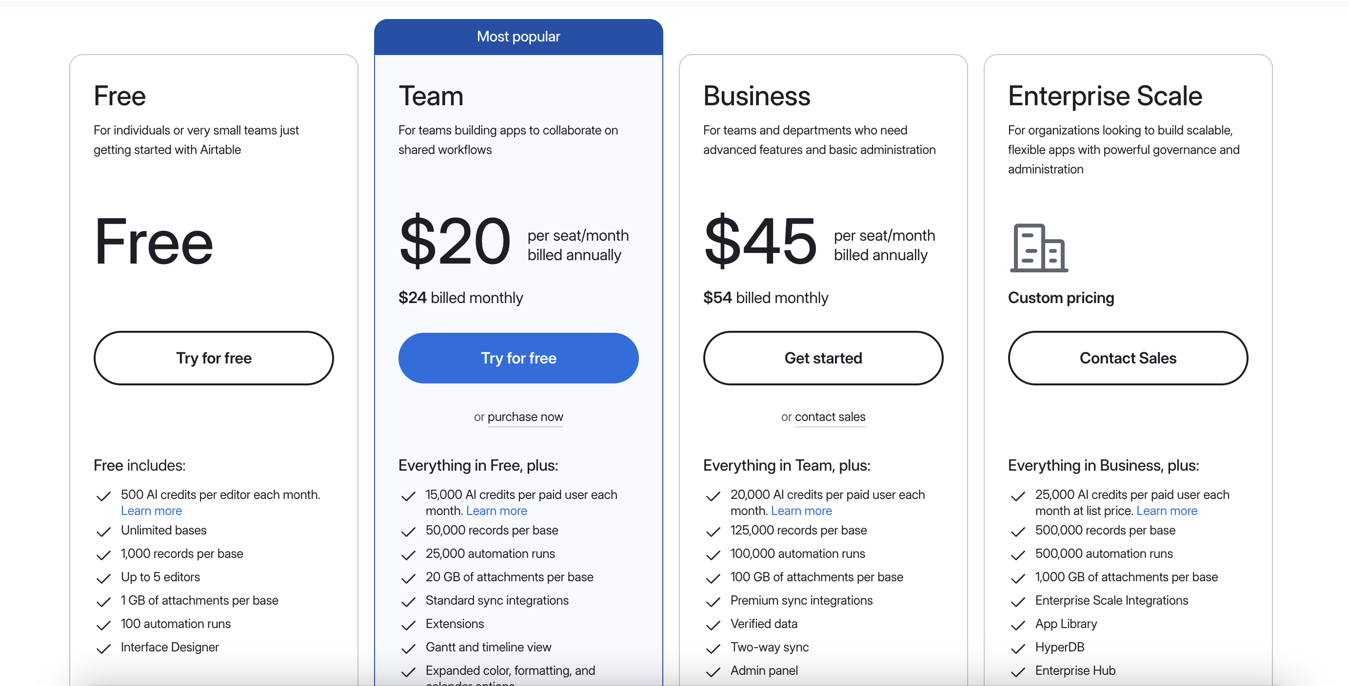 Airtable pricing plans