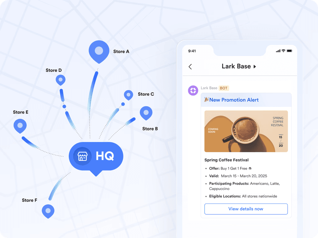 Lark on mobile connecting different stores to the HQ