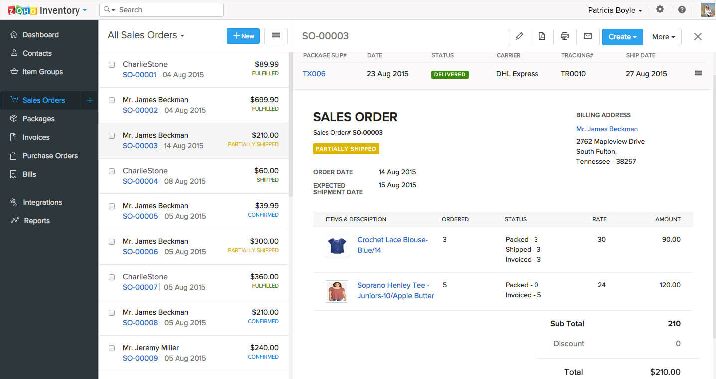 Zoho Inventory dashboard showing stock levels, orders, and shipments