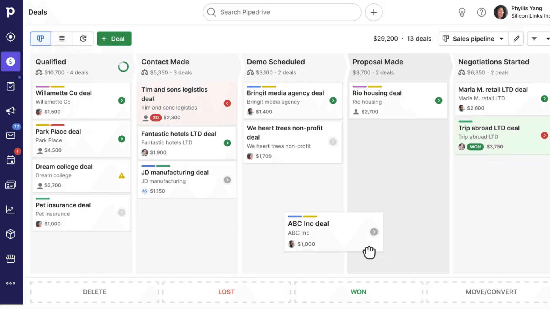 Sales deal progress displayed in Pipedrive&nbsp;