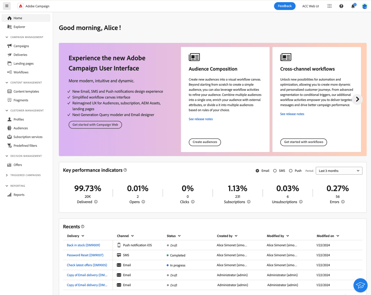 AdobeCampaign displays key performance indicators&nbsp;