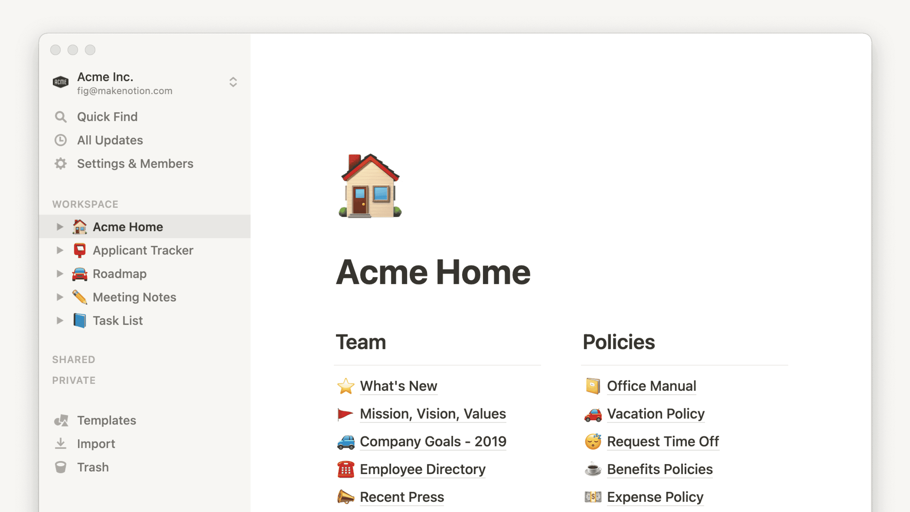 Notion's home interface