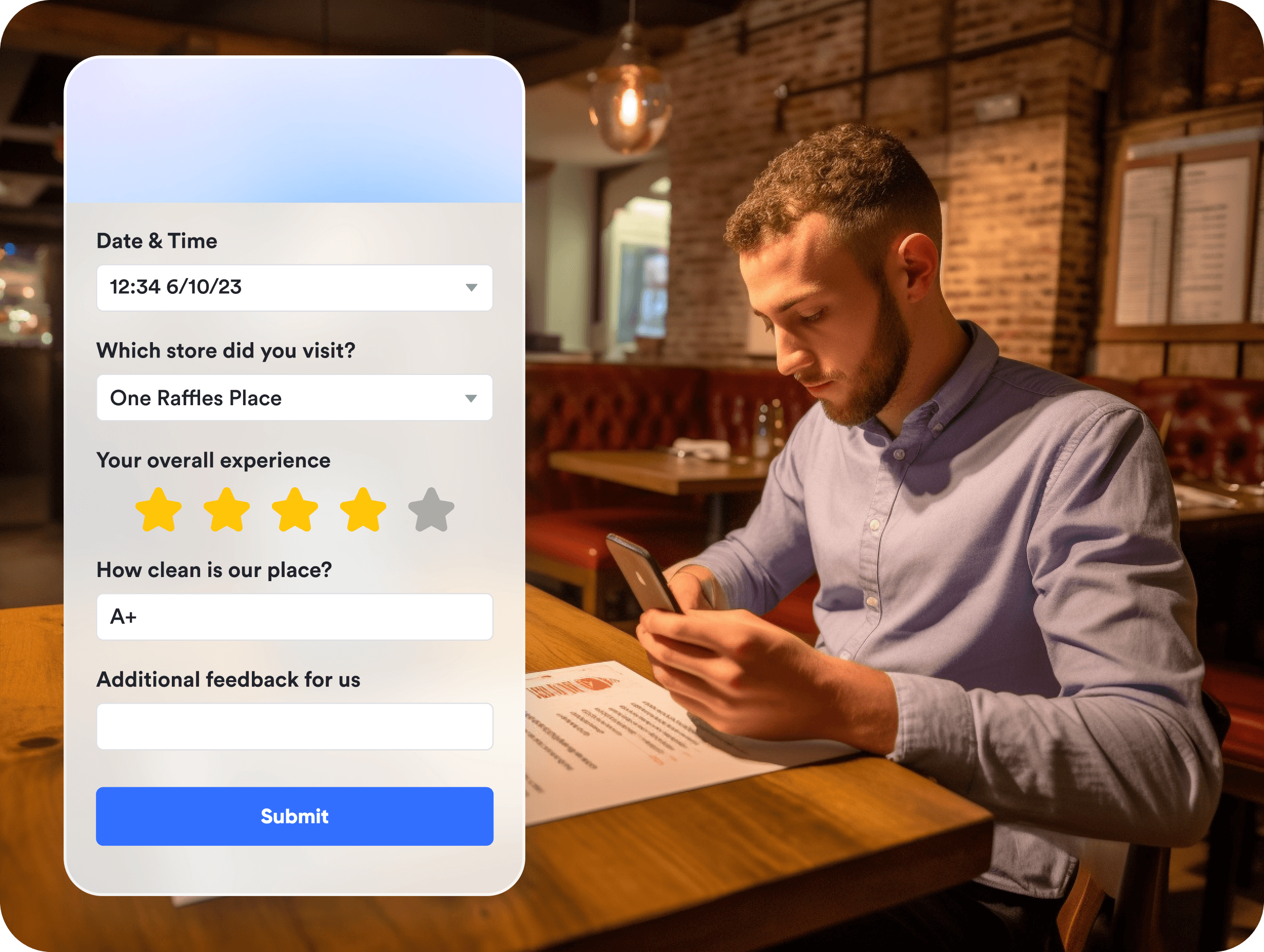After scanning the QR code, a customer is able to fill in the restaurant survey questions and provide the feedback.