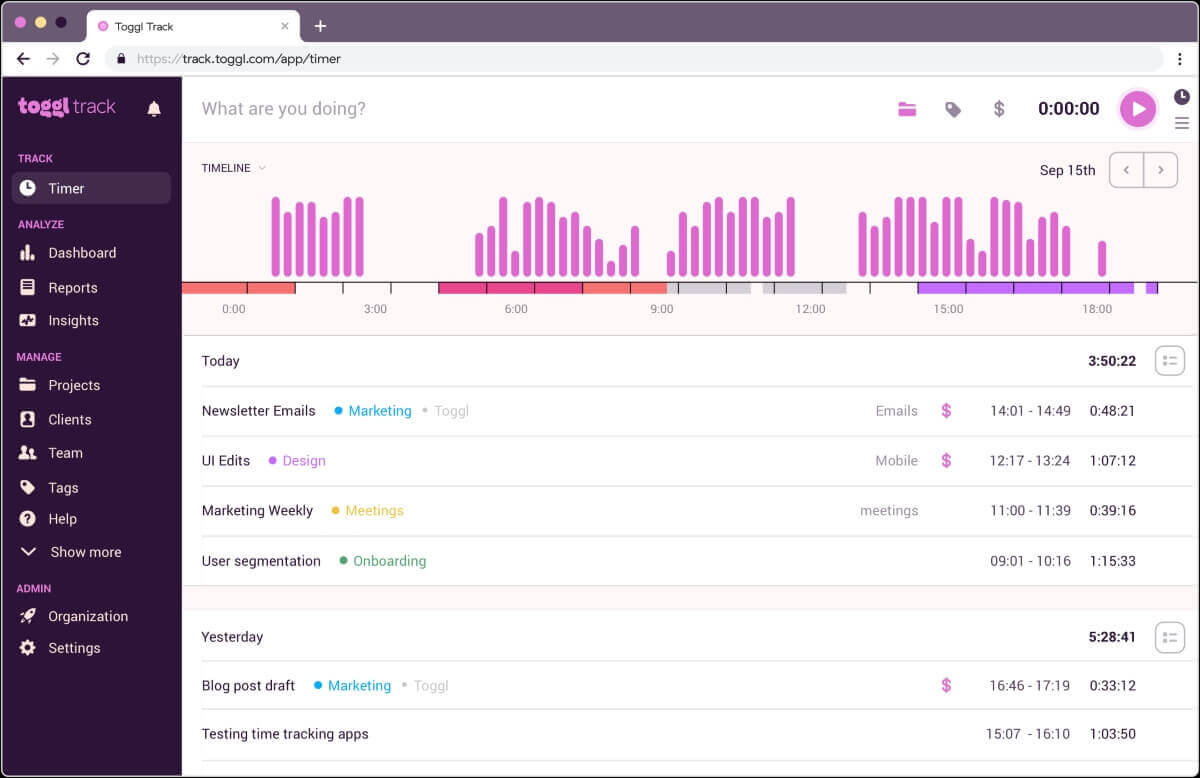 Project-based time tracking in Toggl Track