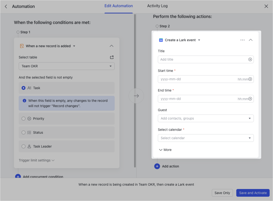 create calendar events and tasks in Lark Base