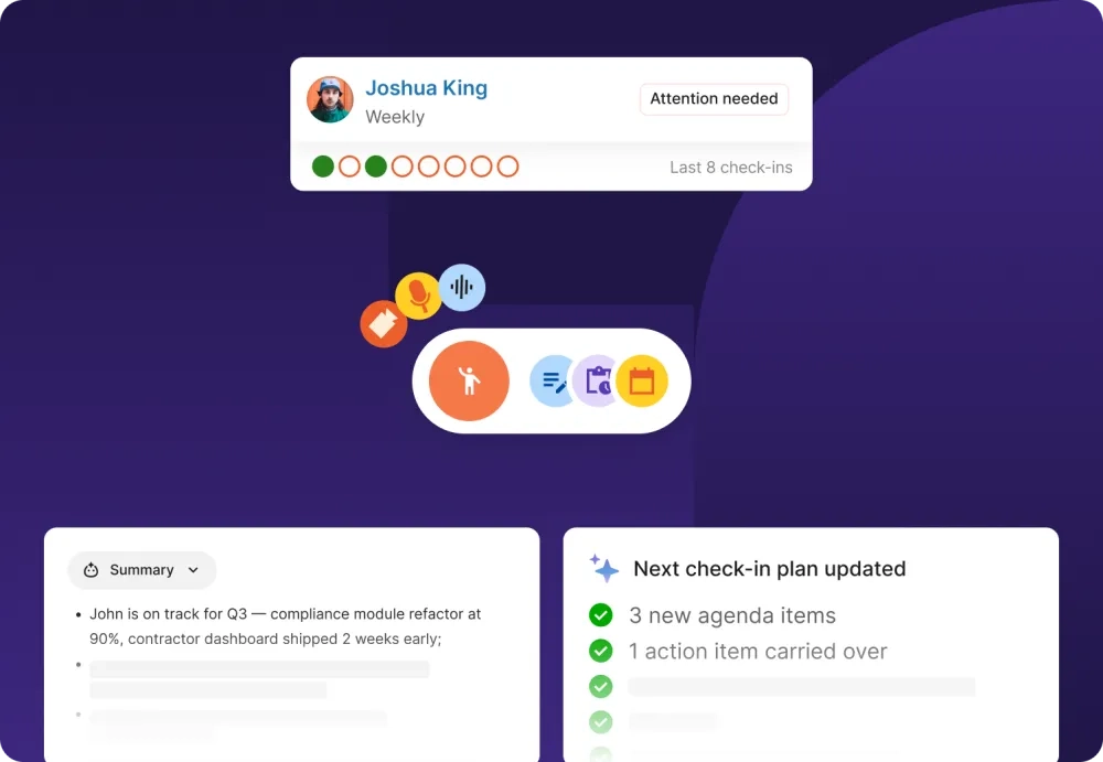 Deel HR one-on-one check-in agenda with action items and talking points