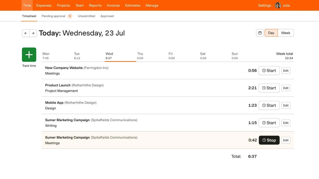 Harvest dashboard showing tracked time, project budgets, and invoices
