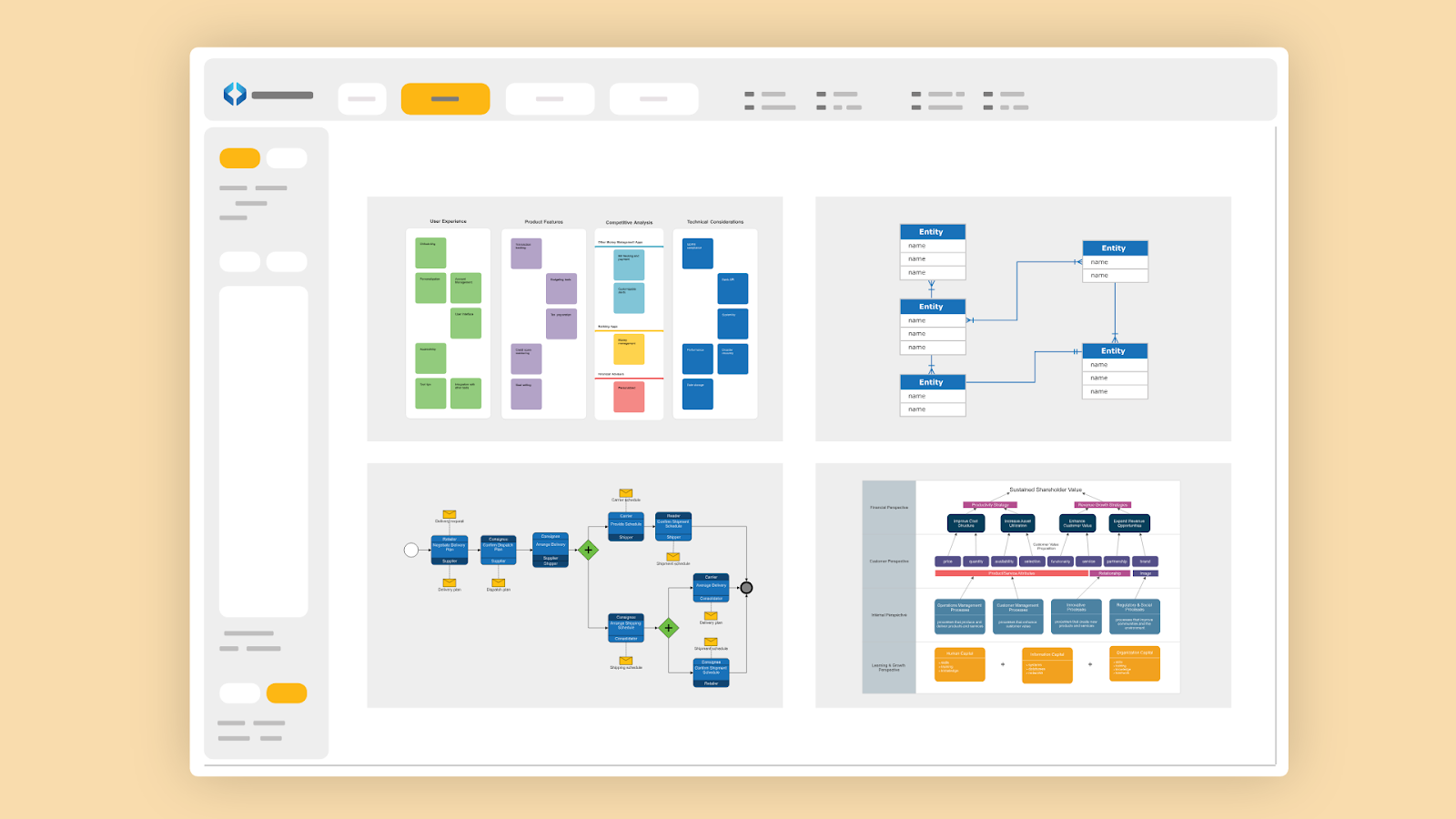 Interface of Smartdraw with several complex network diagrams