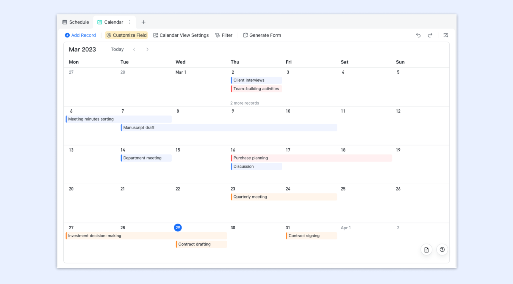 Lark Base calendar view