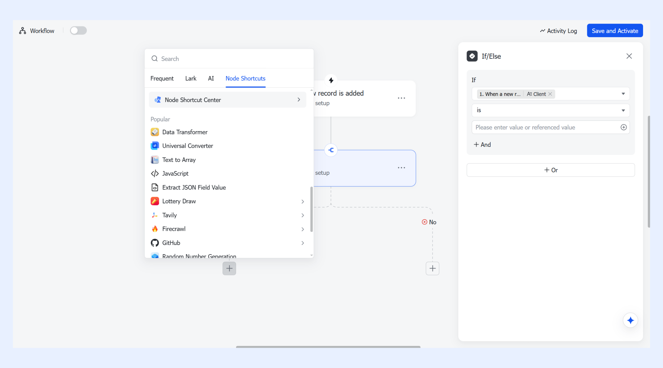 AI nodes and node shortcuts for automated intelligence