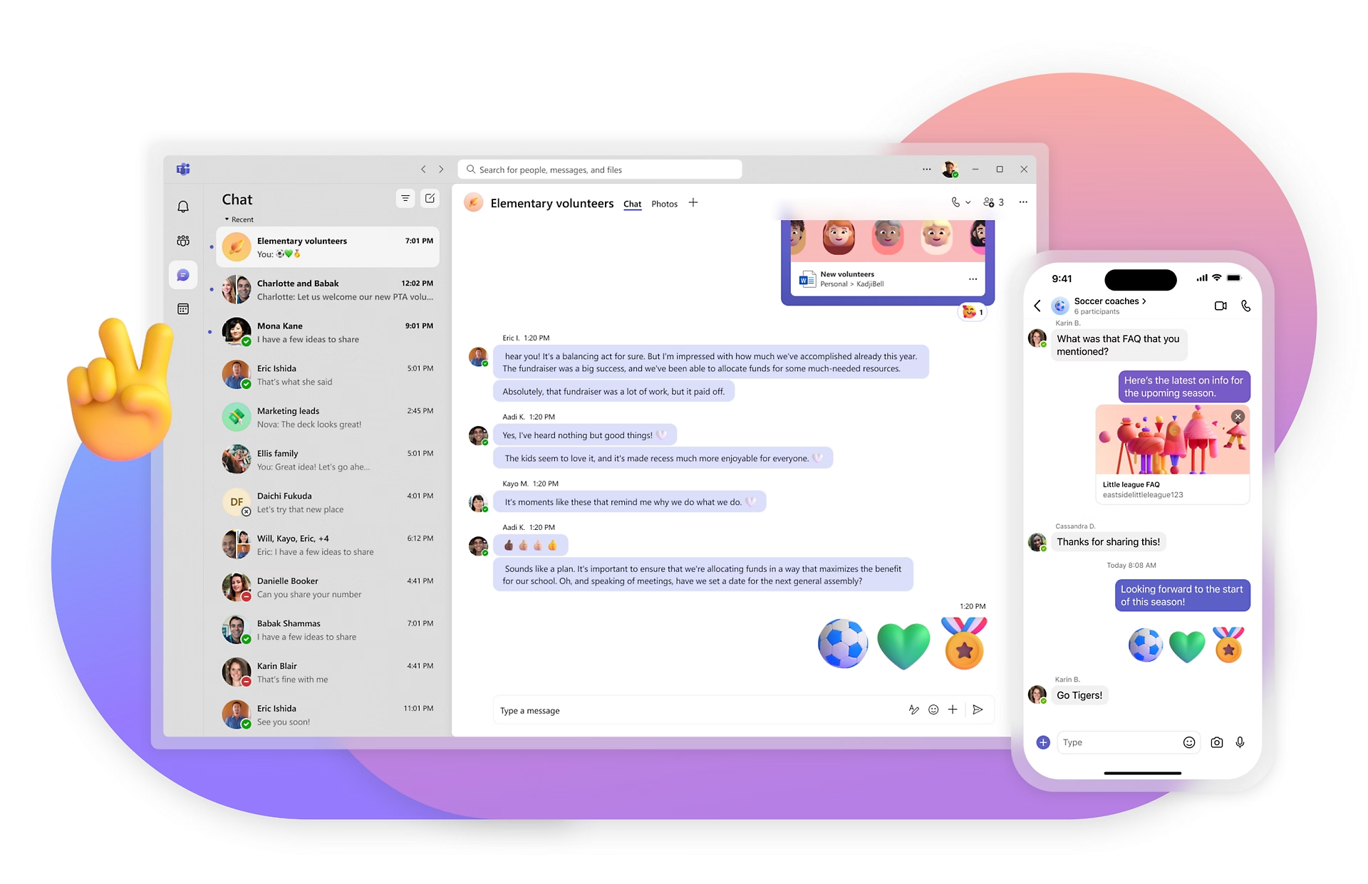 Different interfaces of Microsoft Teams, showing IM on desktop and mobile
