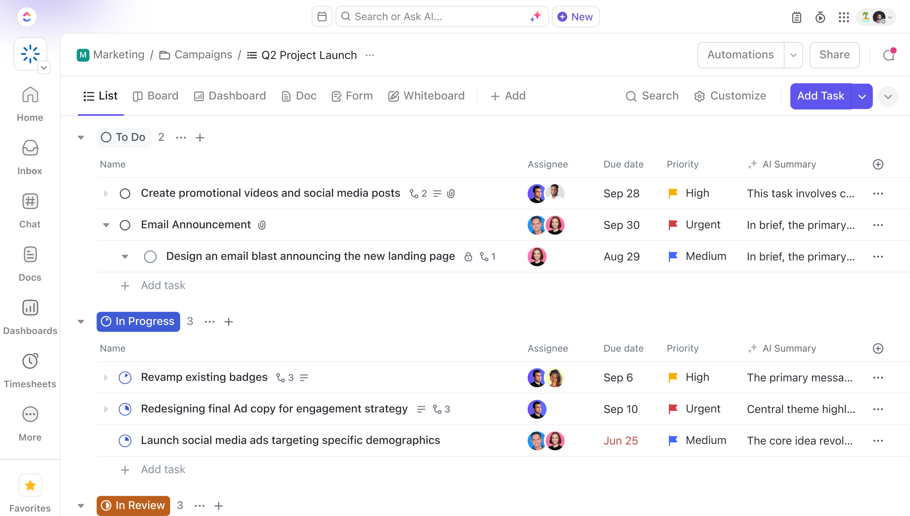 ClickUp management dashboard