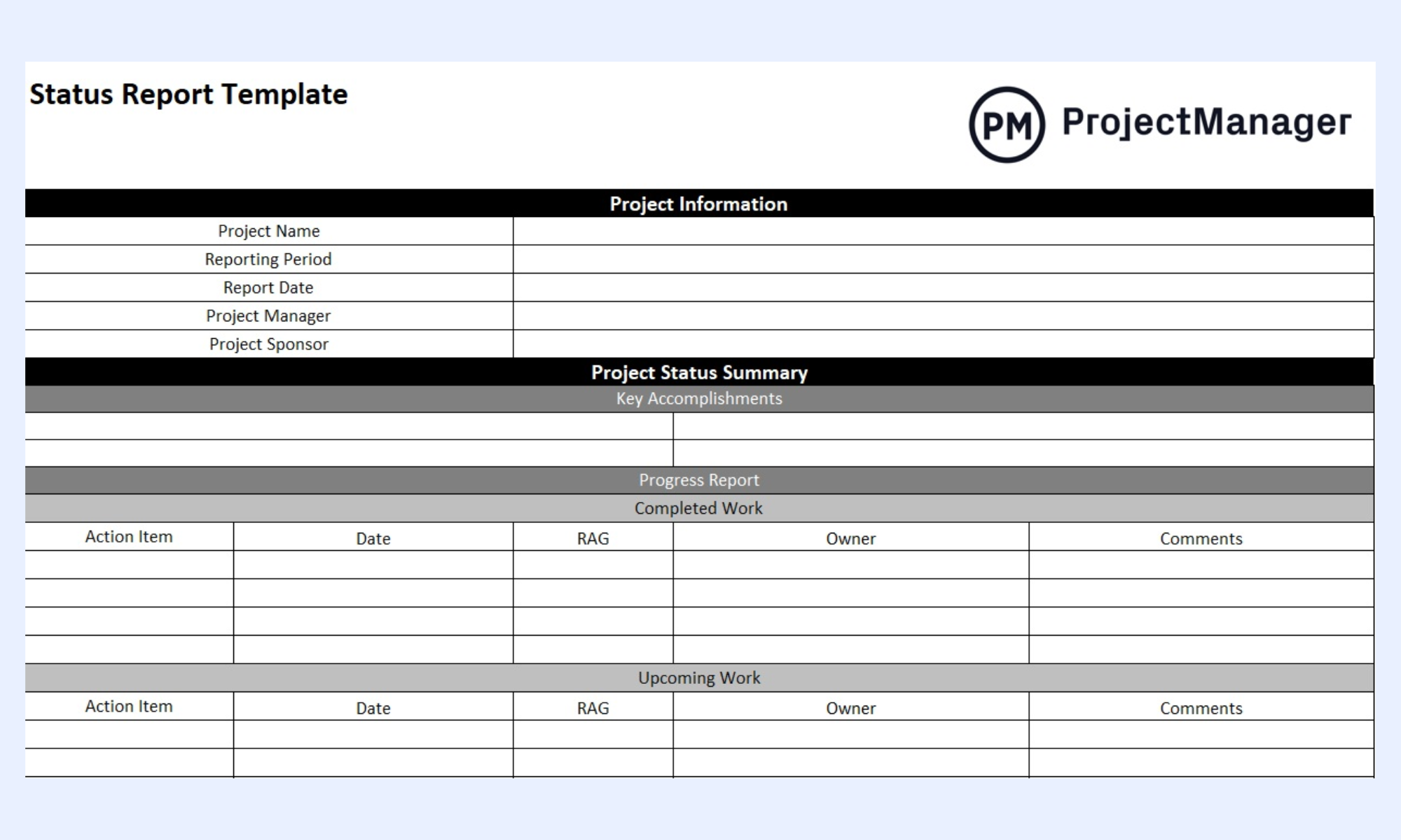 Project management report template with weekly or phase-end status