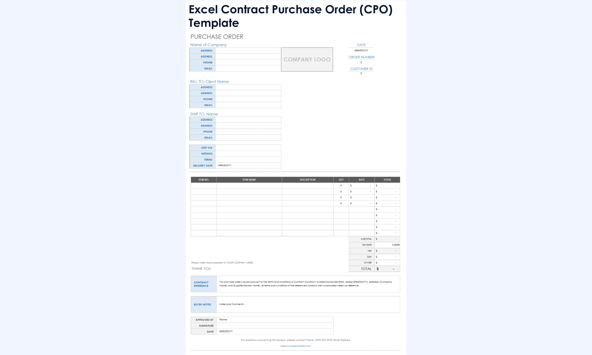 Excel contract purchase order template interface