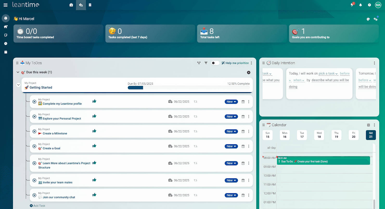 Leantime's project dashboard with a to-do list and calendar