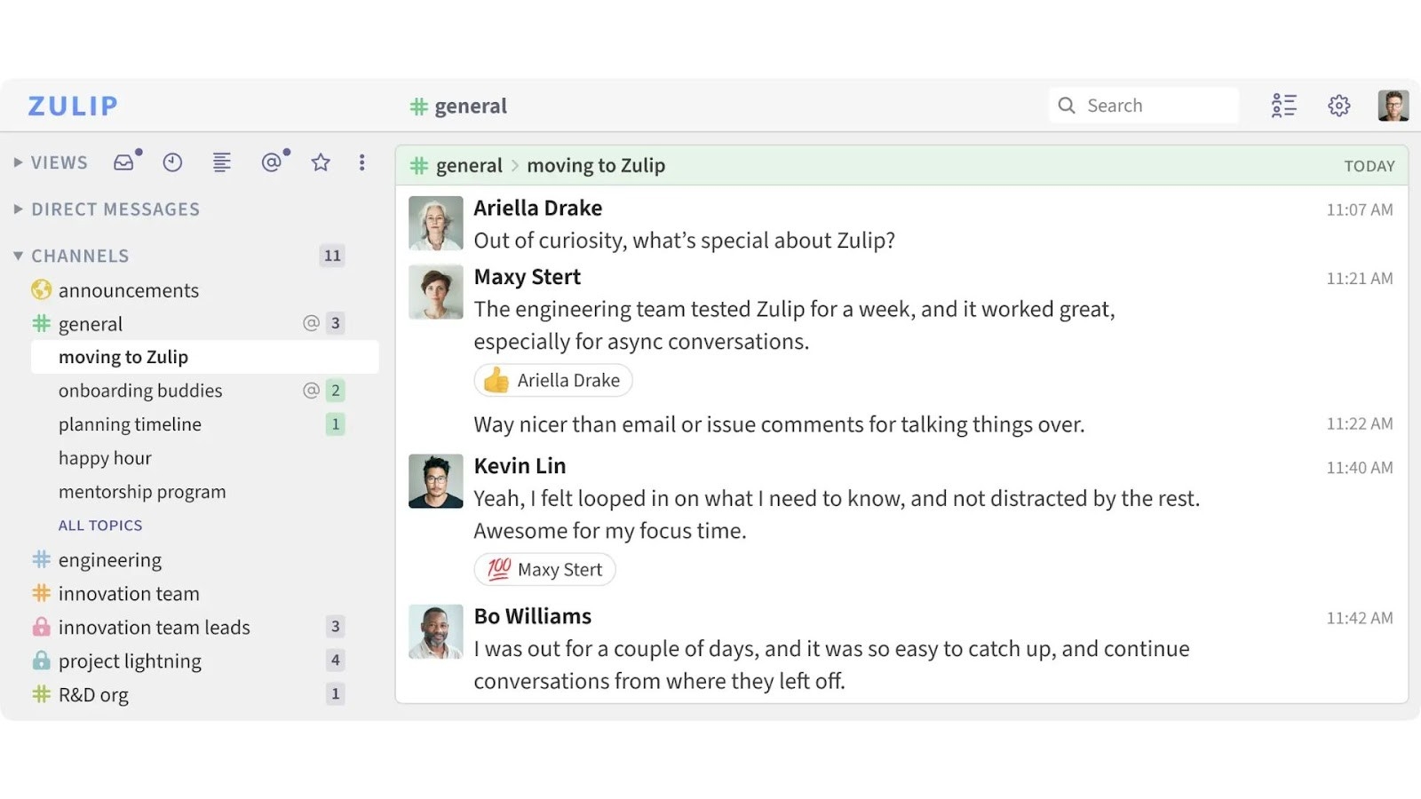 Zulip’s threaded topics for organized team chat conversations