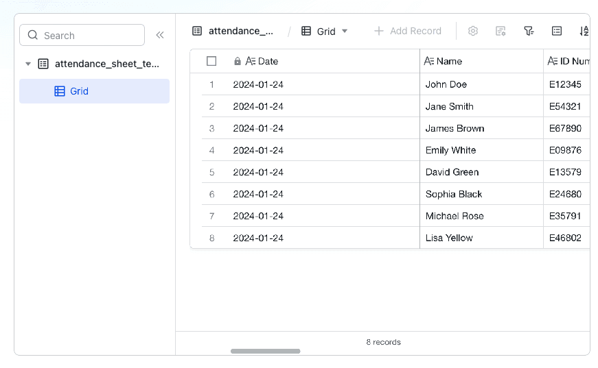 Screenshot of Lark attendance sheet template