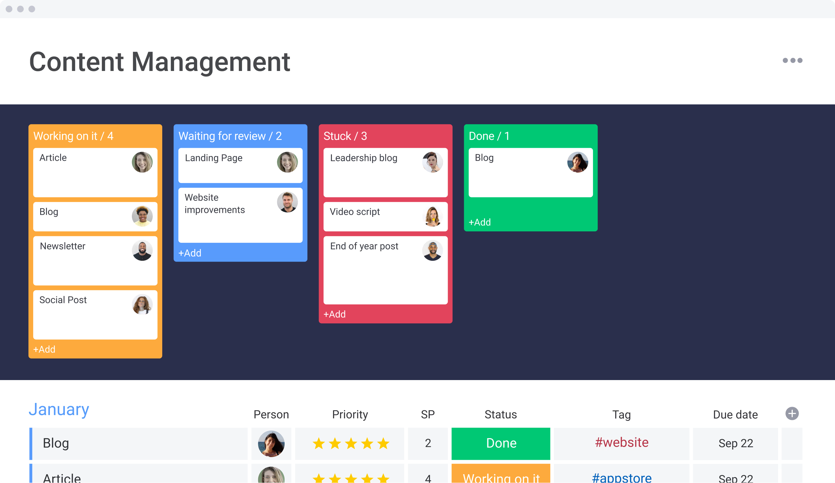 An image displaying content management in Monday.com