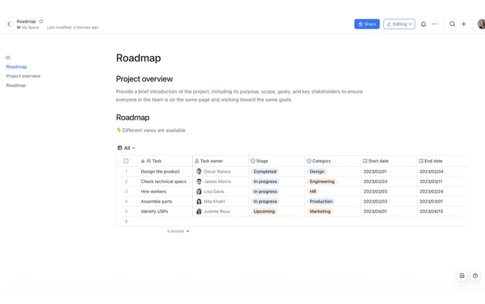 Project Roadmap charter example
