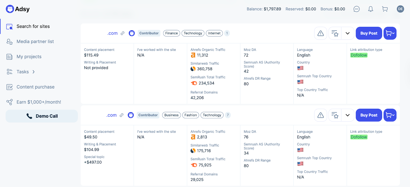 Adsy: Best for link building and PR placements