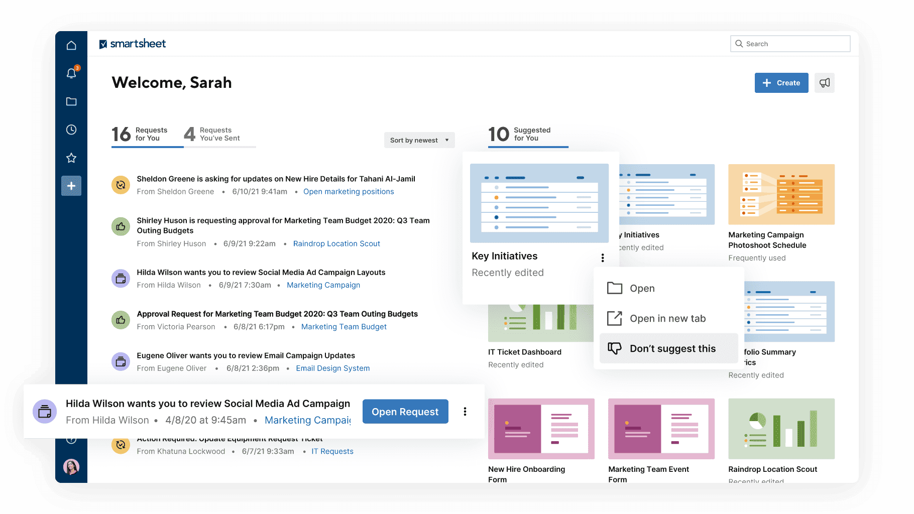 Home interface of Smartsheet, showing request and suggestions for a team member