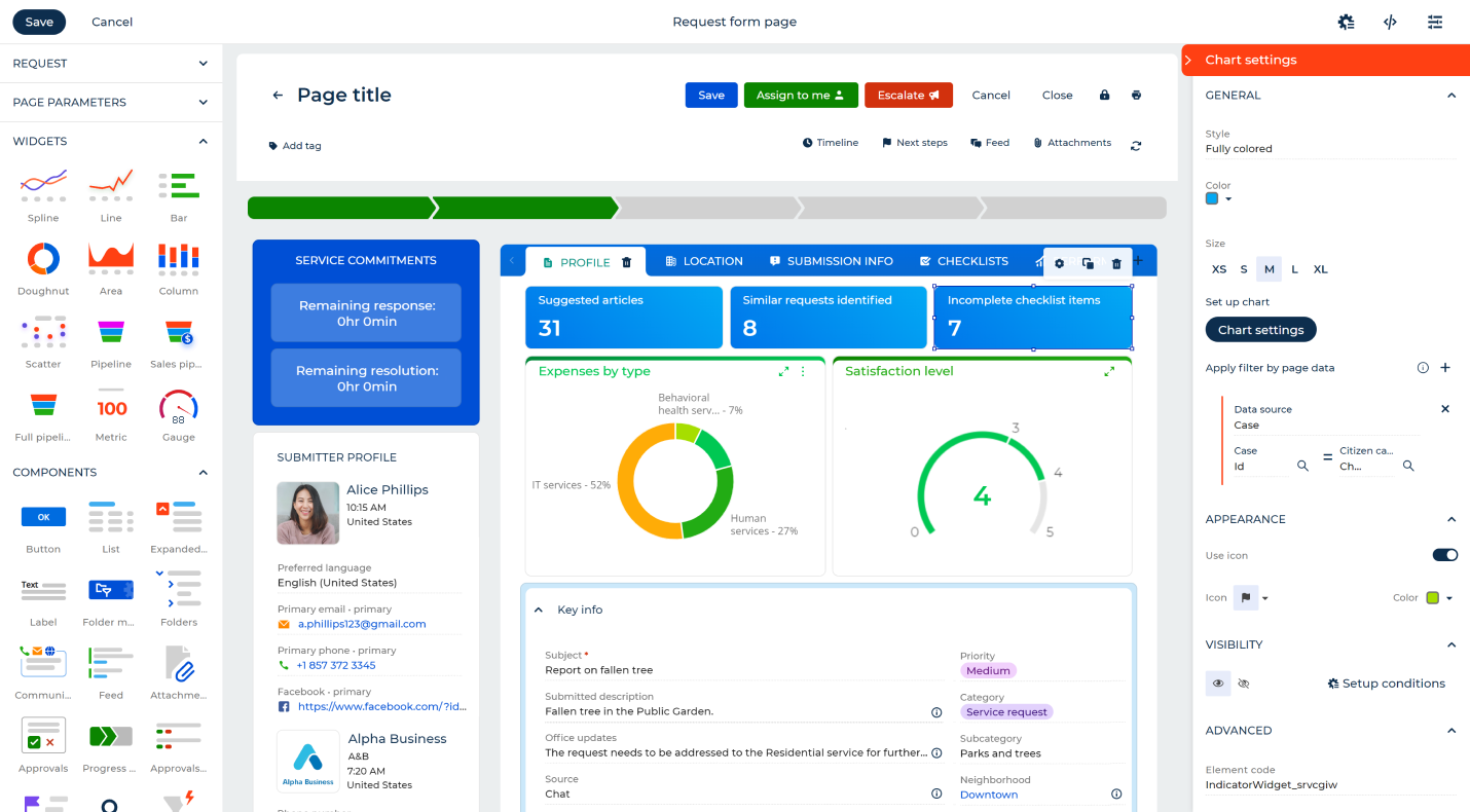 Creatio's interface showing widgets and components
