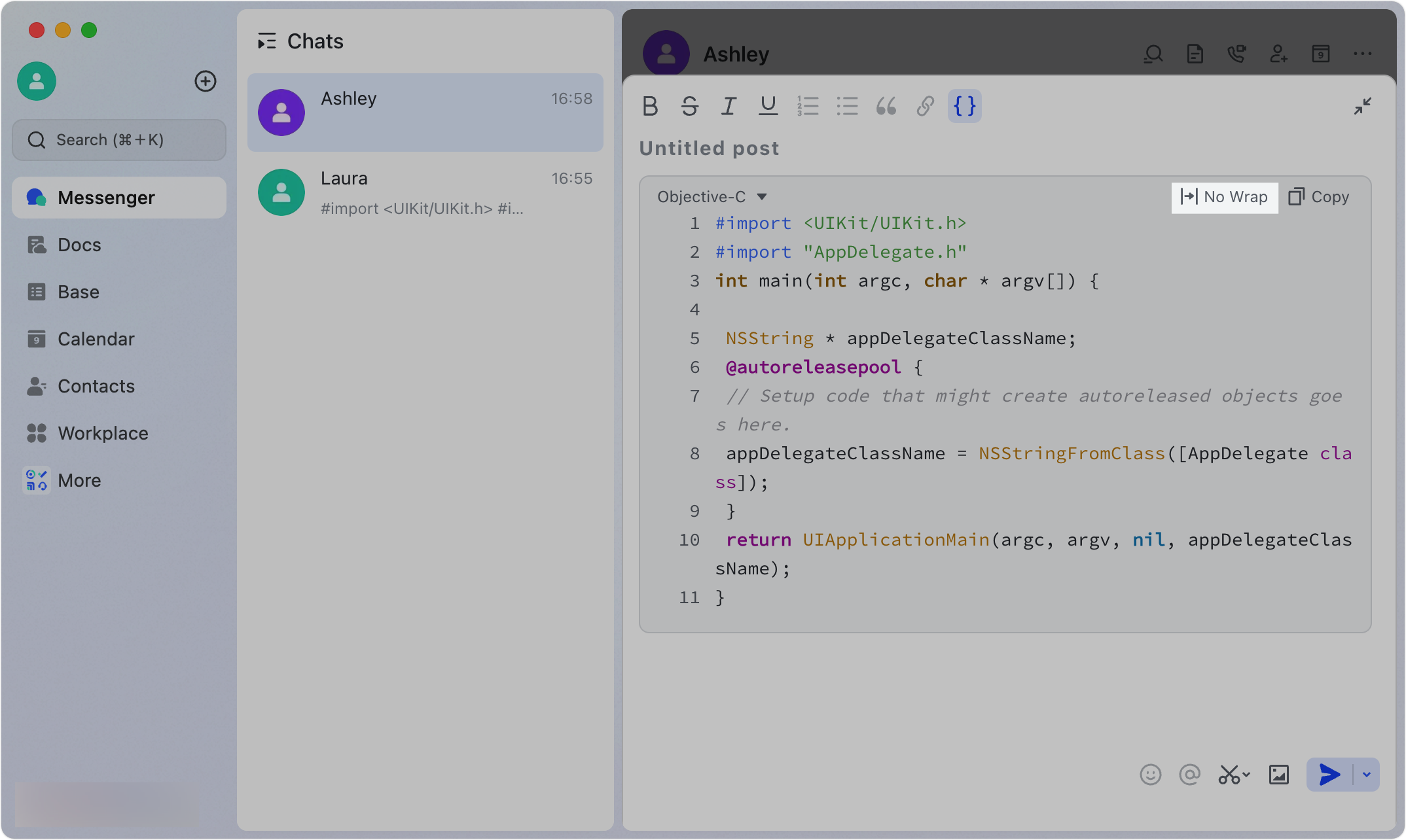 Use the code block message function