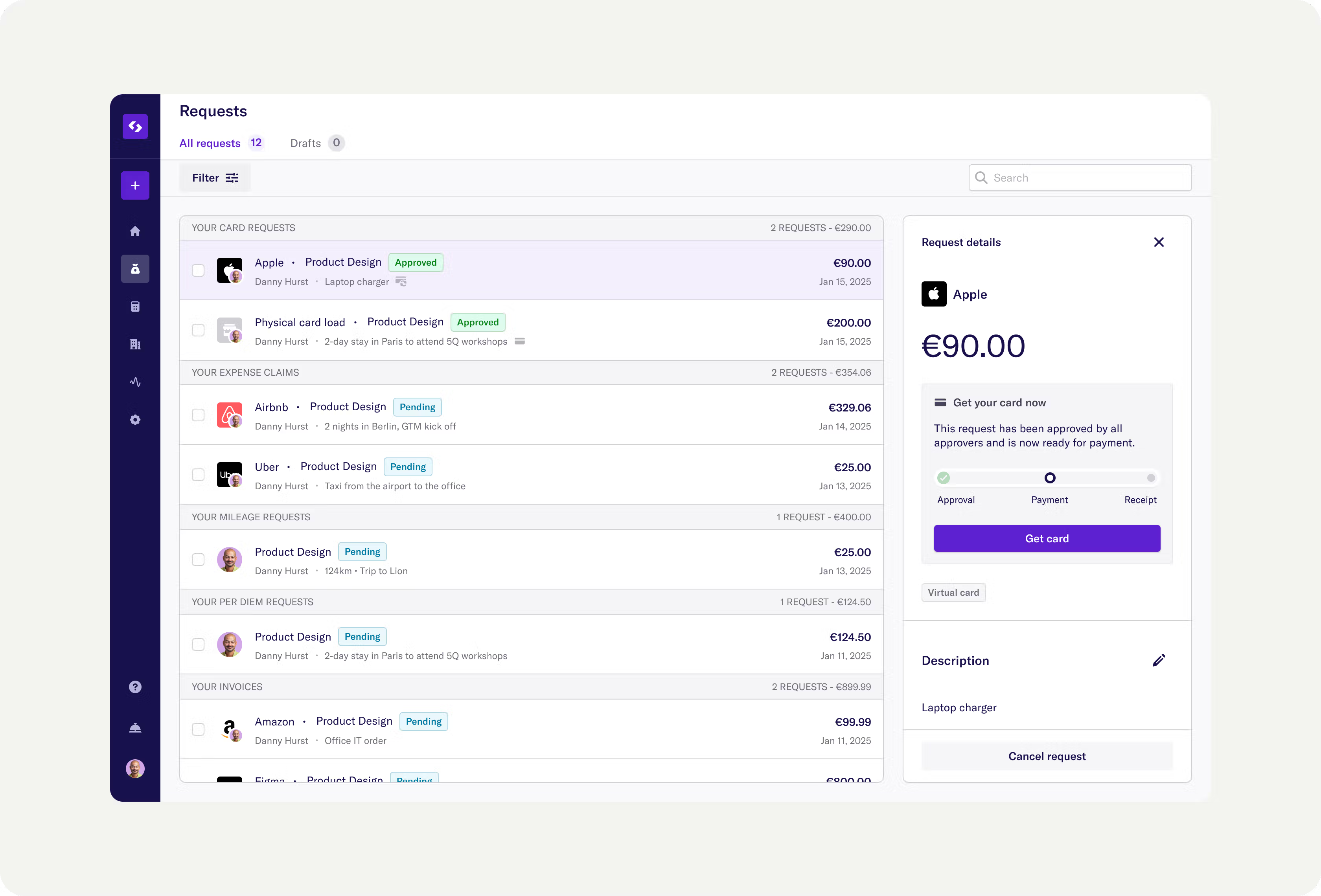 Spendesk dashboard with expense, approvals, and payment status