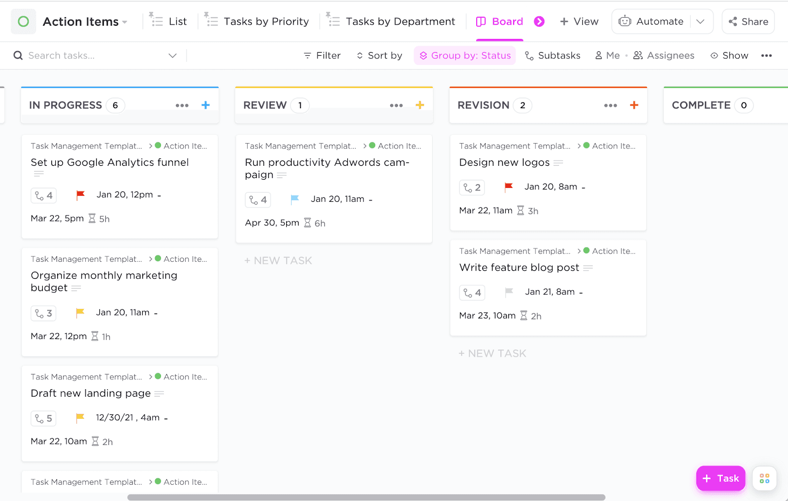 ClickUp’s interface for task management in board view