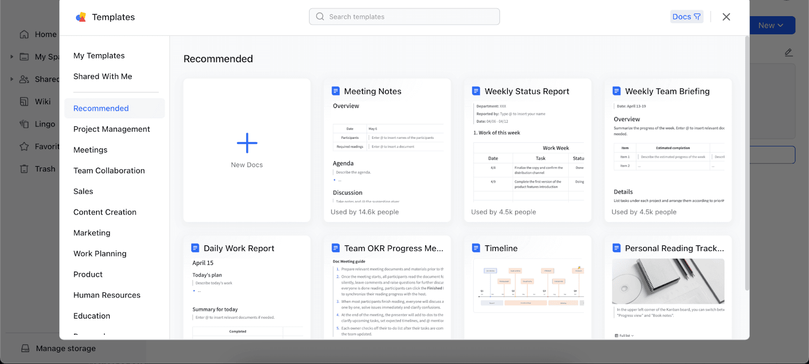 A list of templates for documents in the Lark app