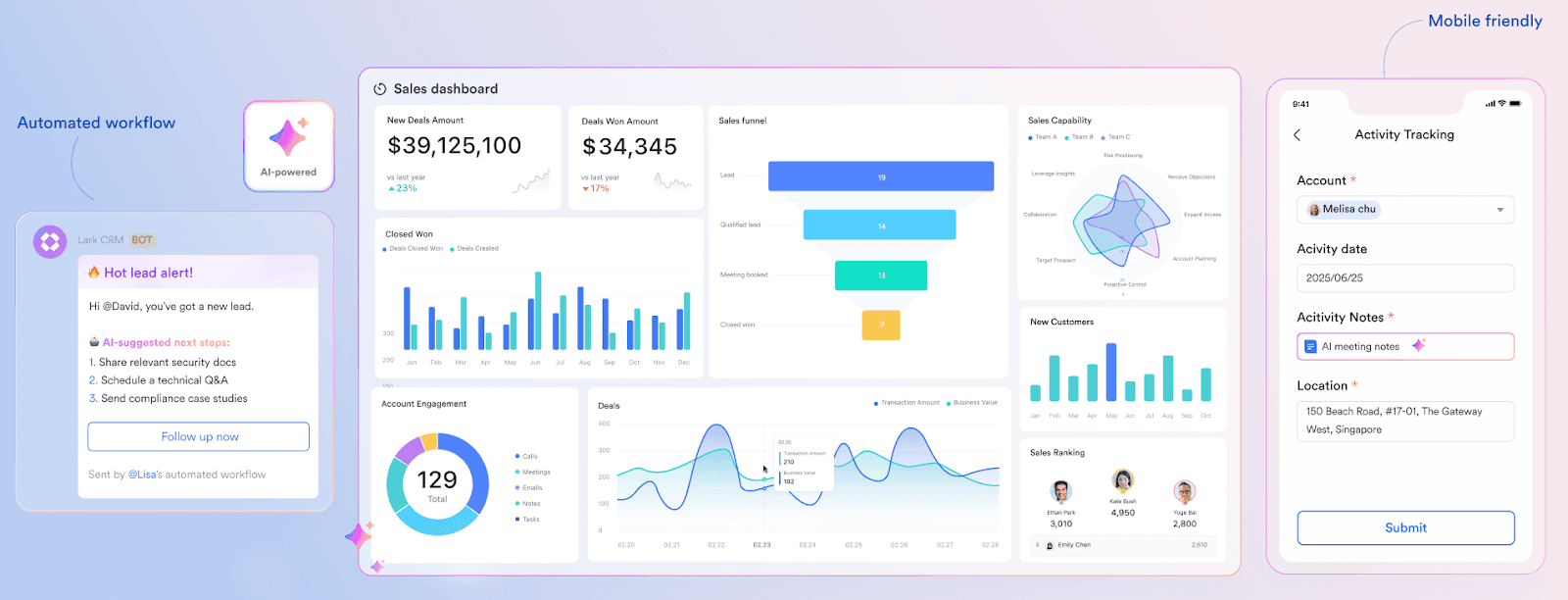 Lark's unified workspace dashboard unifying chat and CRM analytics