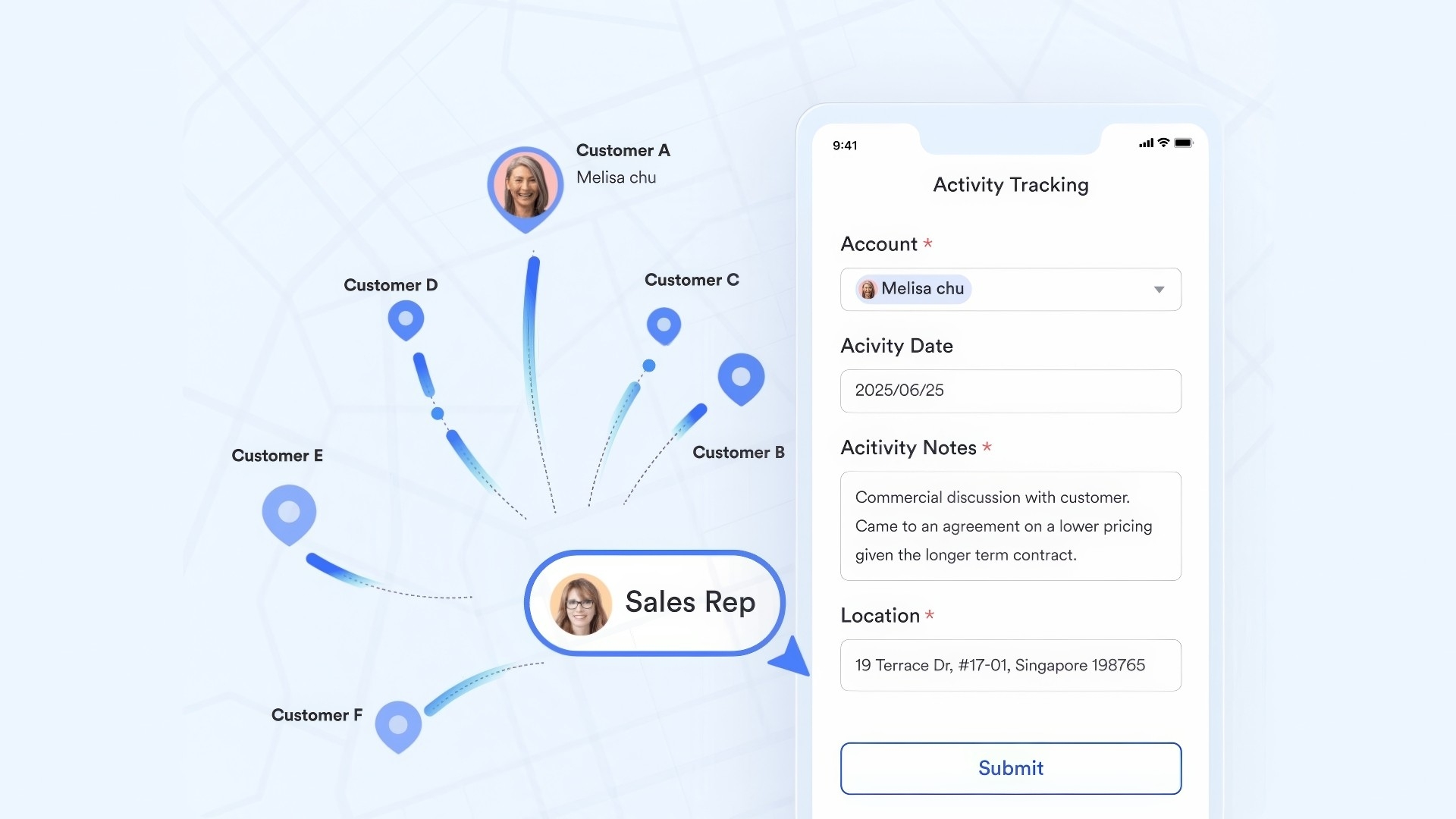 A sales rep's activity log in Lark's mobile CRM