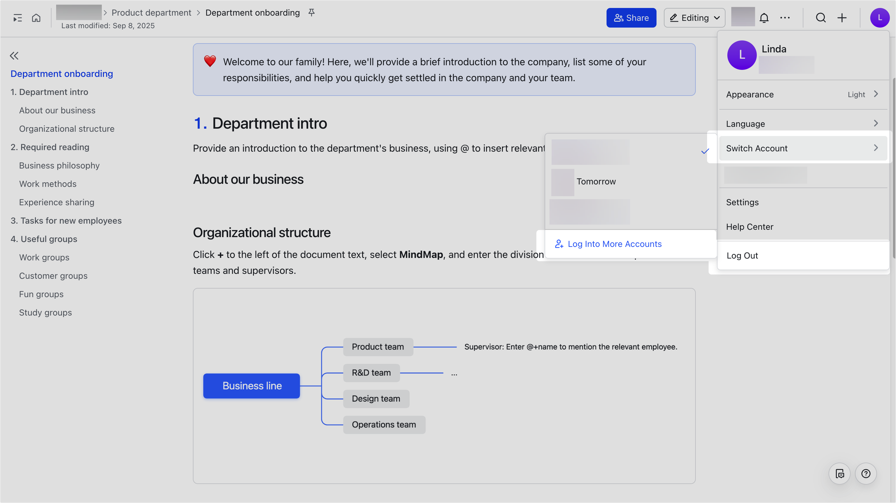 Switch accounts in Lark Docs