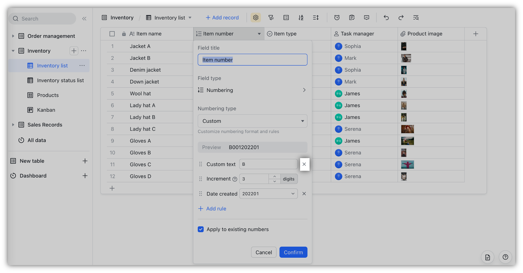 Use the numbering field in Base