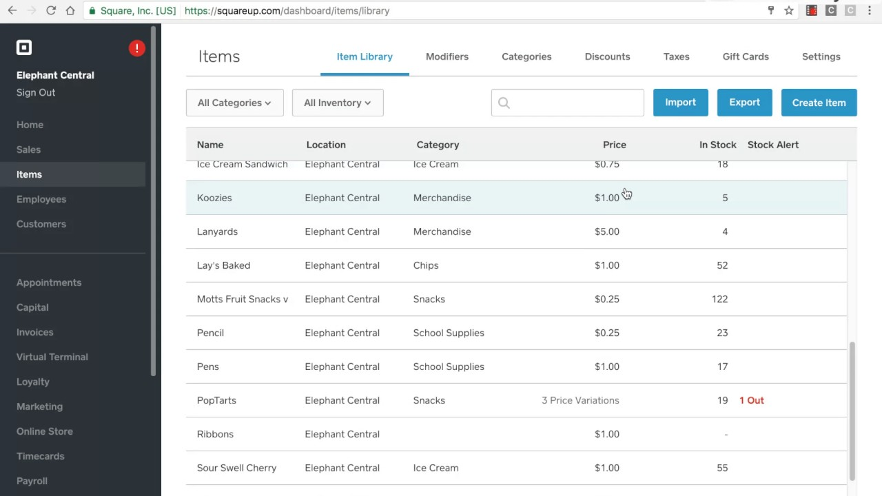 Square inventory tool