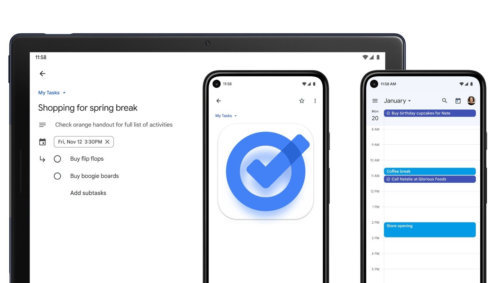 A render of a tablet and two phone displays with the Google Tasks app open.