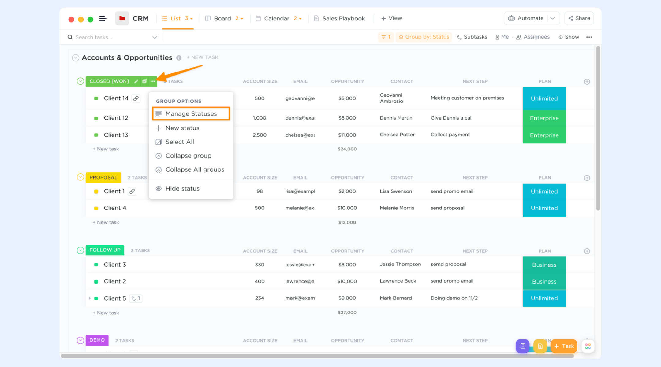 Customize statuses to match your sales workflow