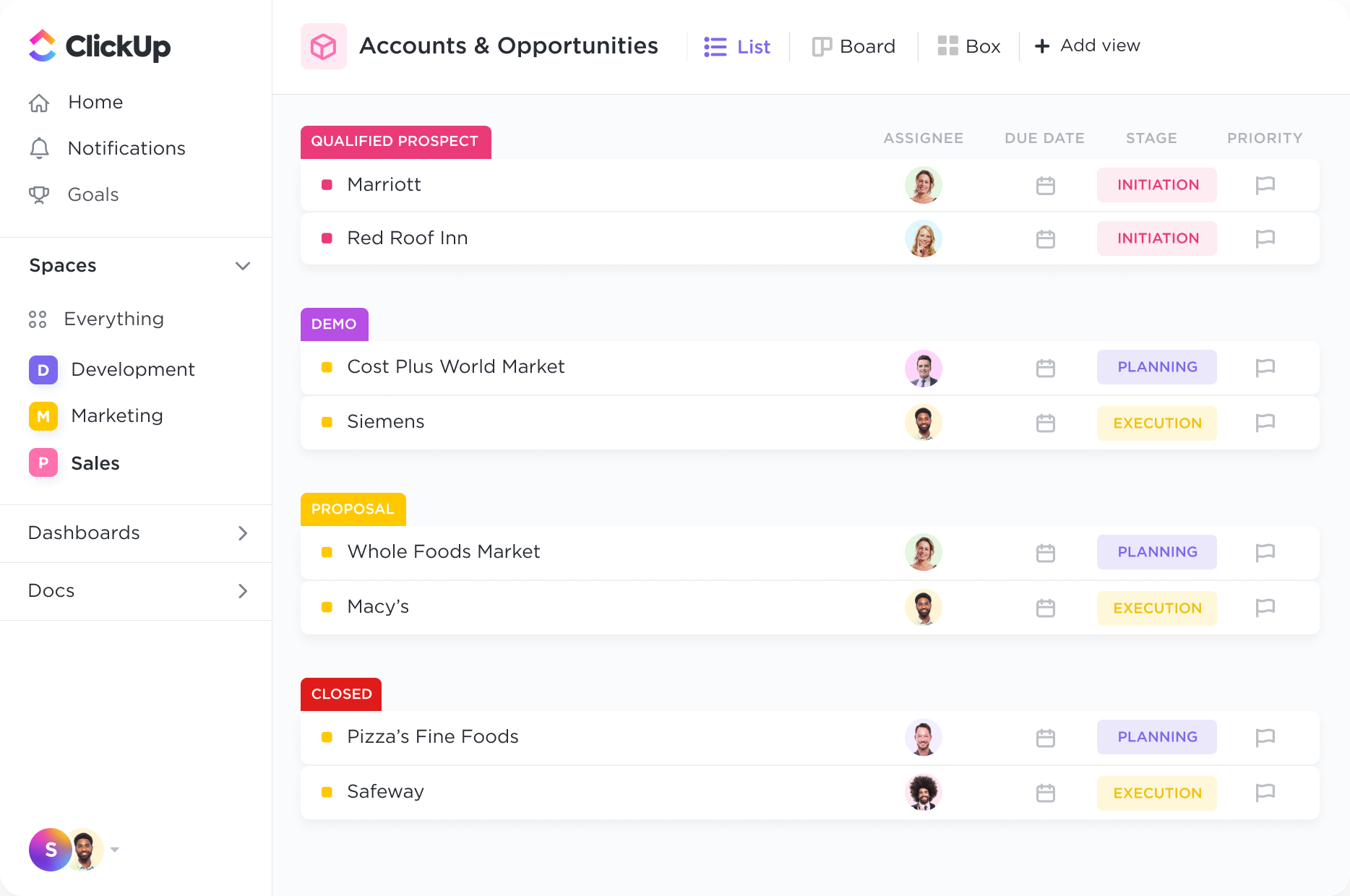 Clickup manages the contacts and project pipeline