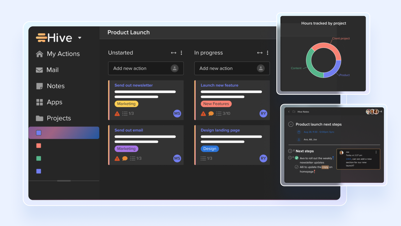 Hive's home interface showing the status of important tasks