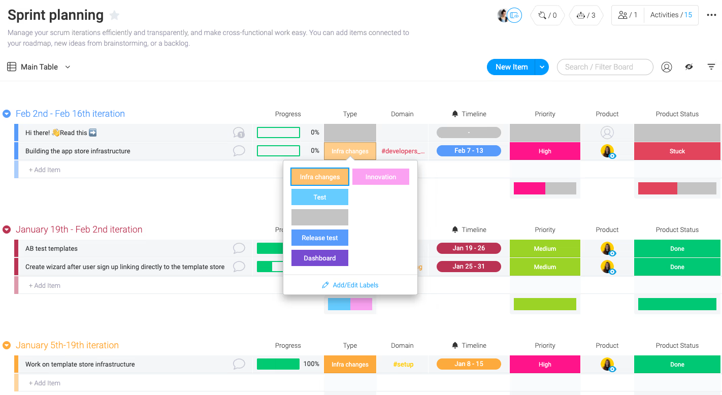 Monday software development tracking