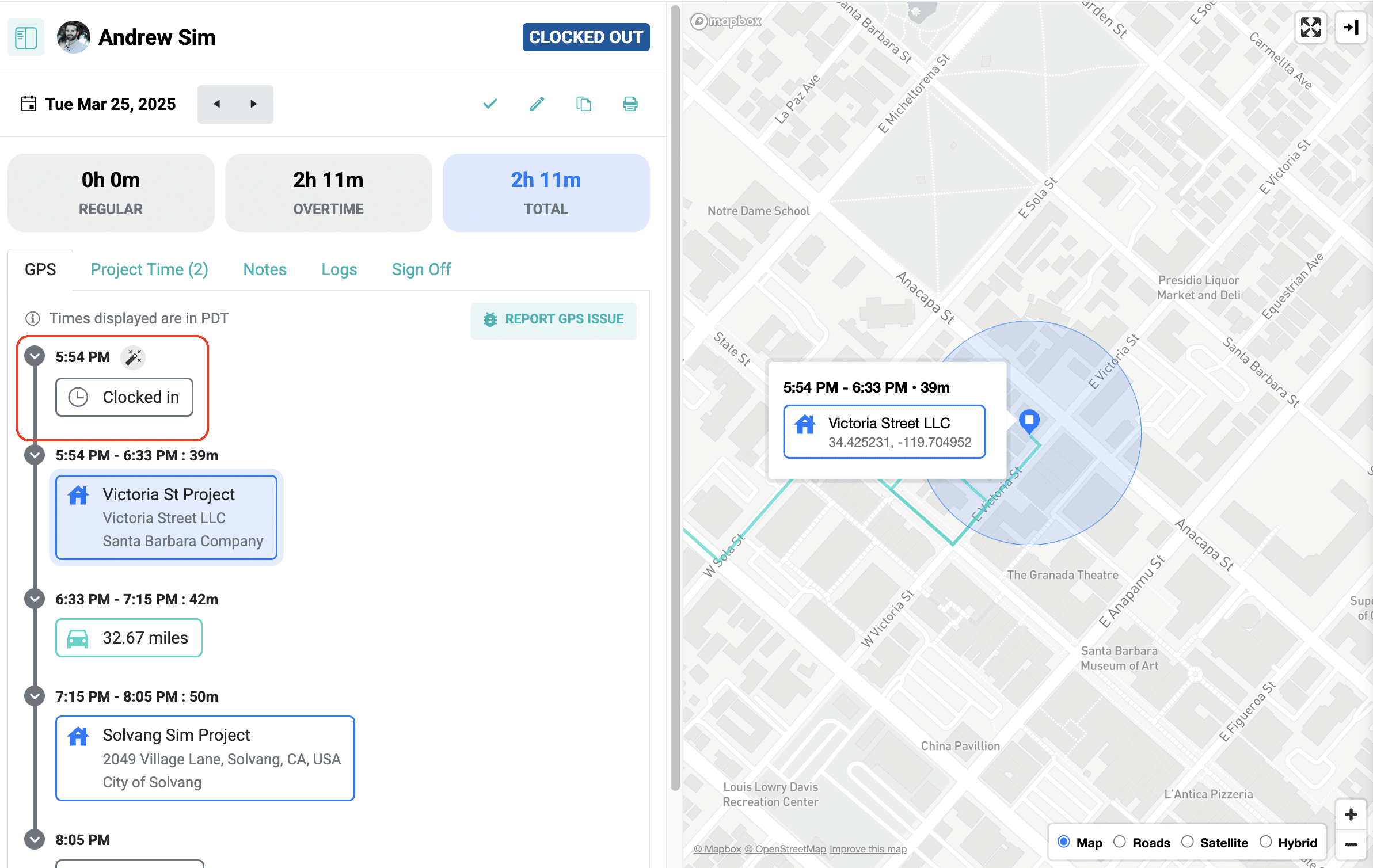 Workyard construction time clock app with GPS tracking on a mobile phone screen for field workers