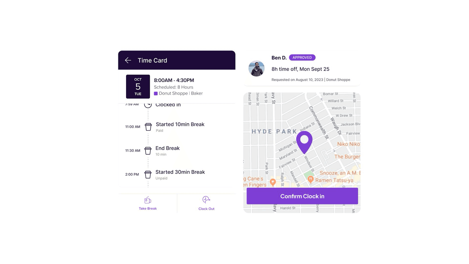 Homebase’s time card and clock-in location map