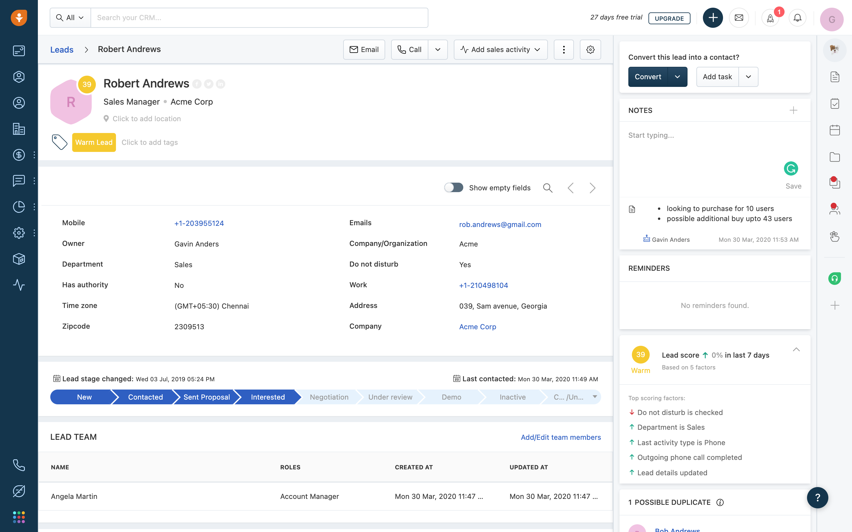 Lead management interface of Freshsales