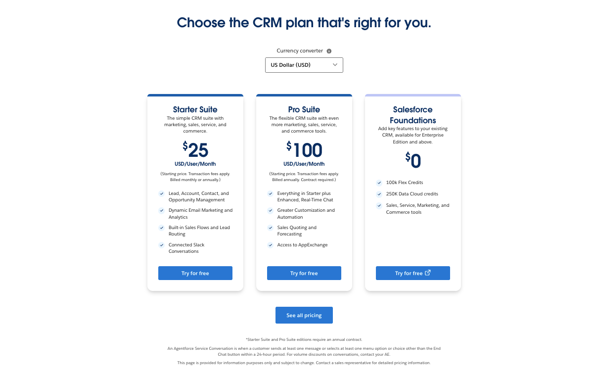 Salesforce CRM suite pricing plans