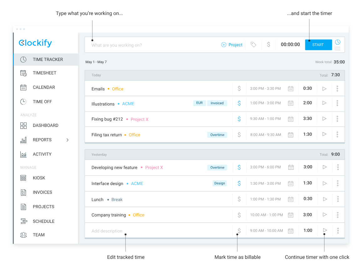 Clockify is a free online clocking in and out system for teams