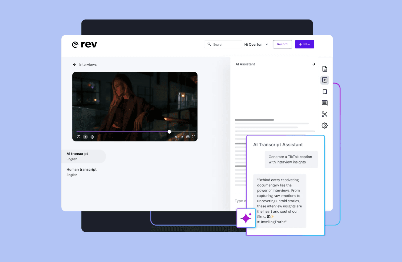 Interface of Rev AI transcription
