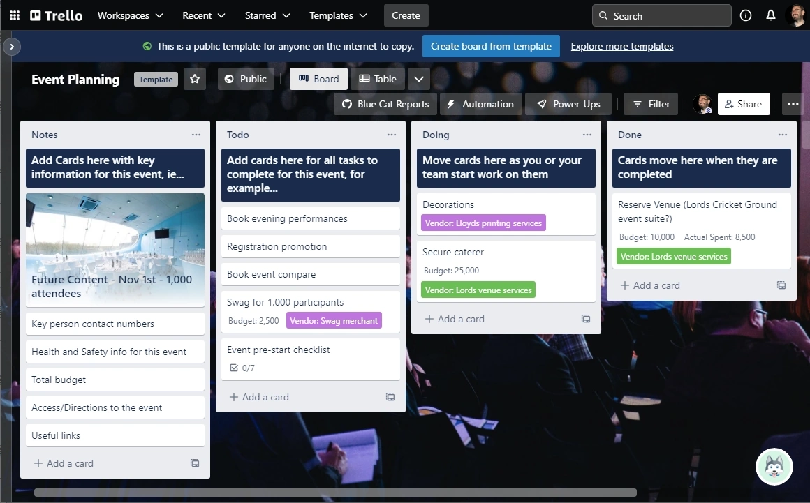 An image showing Trello being used for planning events