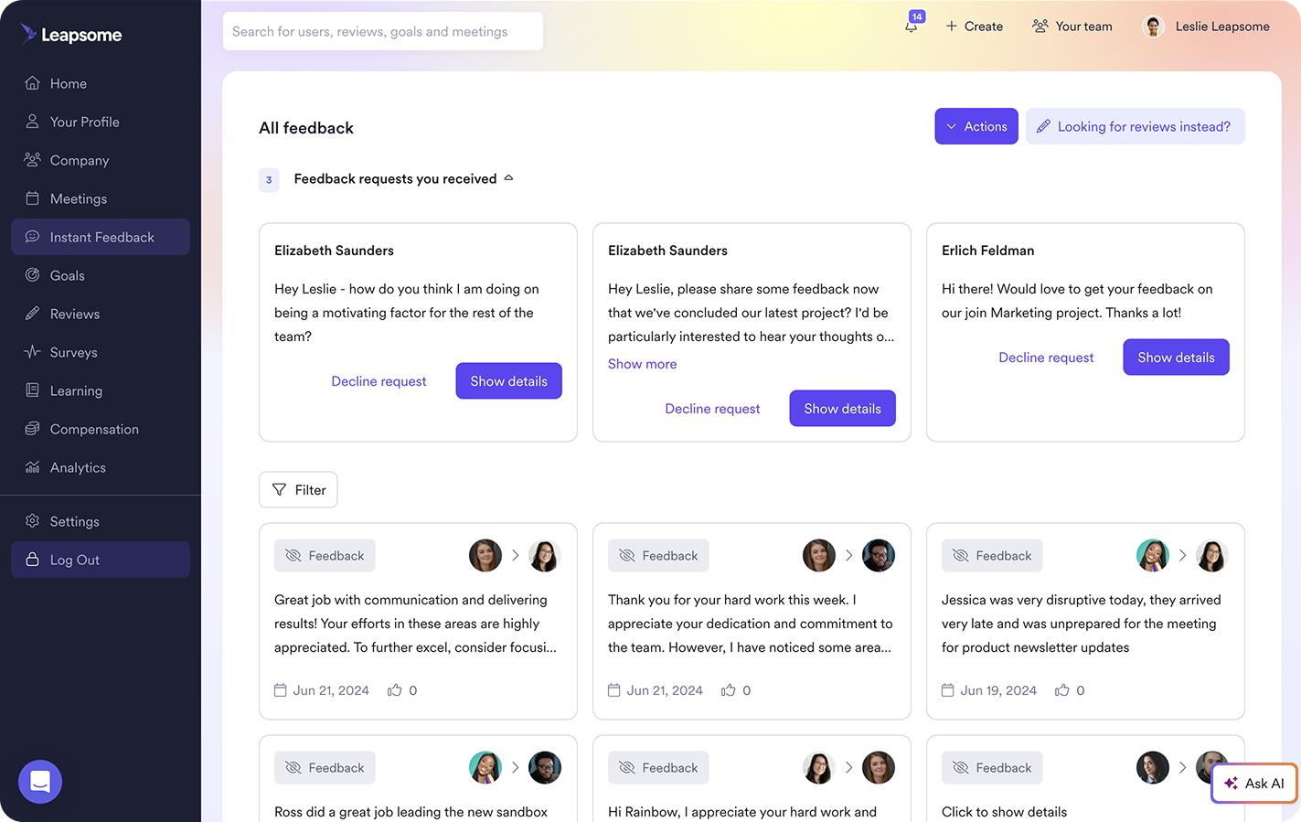 Leapsome is an employee performance management software
